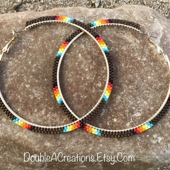 Chocolate Brown Beaded Hoops, New, Handmade by Me - Picture 2 of 6